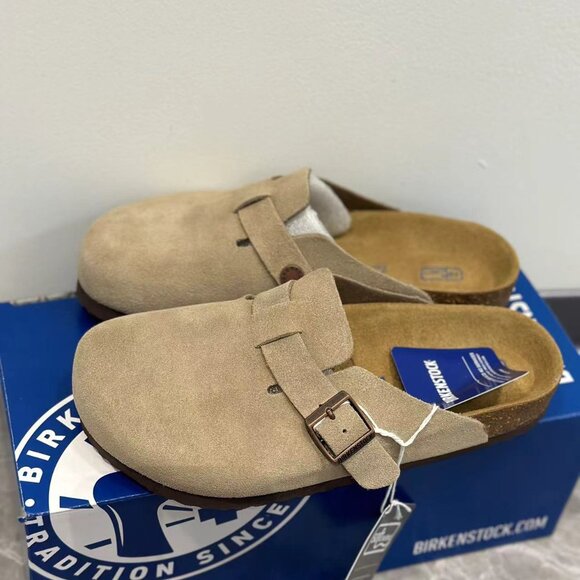 Birkenstock Boston Suede Leather Women Men Taupe Shoes - Picture 4 of 6